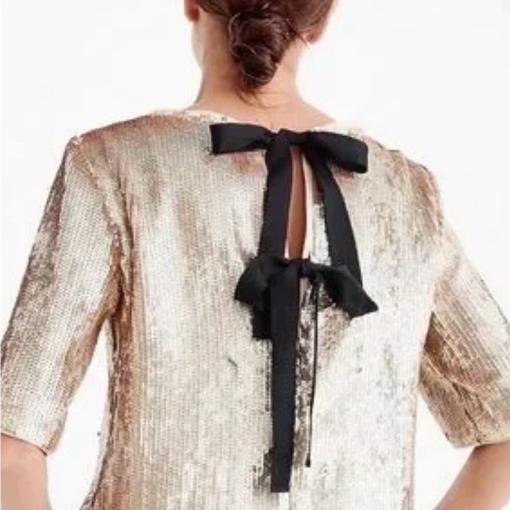 Rose Gold Sequined Top by J Crew with black grosgrain ribbon ties